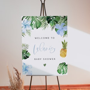 LALANI Aloha Baby Shower Welcome Sign Template, Luau Baby Shower Welcome Sign Printable, Tropical Baby Shower, Beach Pineapple Hibiscus Blue
