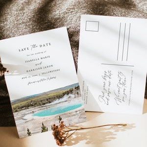 Réservez le modèle de date du parc national YELLOWSTONE, carte postale de réservation de mariage aquarelle du parc national de Yellowstone, modèle modifiable