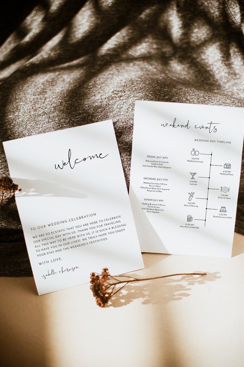 May include: A white welcome sign with the text "welcome" in black cursive script. The sign is next to a white wedding timeline with the text "weekend events" and a wedding day timeline with the text "wedding day timeline". The timeline includes icons for the wedding ceremony, cocktail hour, dinner and dancing, and after party.
