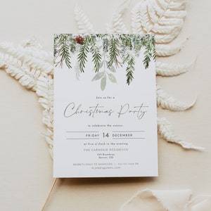 JOY Christmas Party Invitation Template Festive Watercolor Greenery and Pine Printable Holiday Dinner Invite