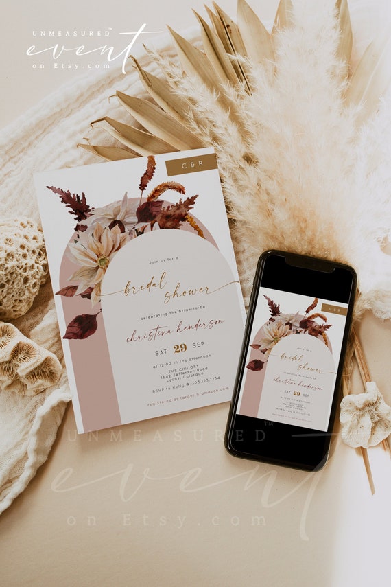 TALIA Boho Bridal Shower Invitation Template, Arched Bridal Shower Invitation, Bohemian Bridal Shower Invite, Blush Bridal Shower Invite DIY