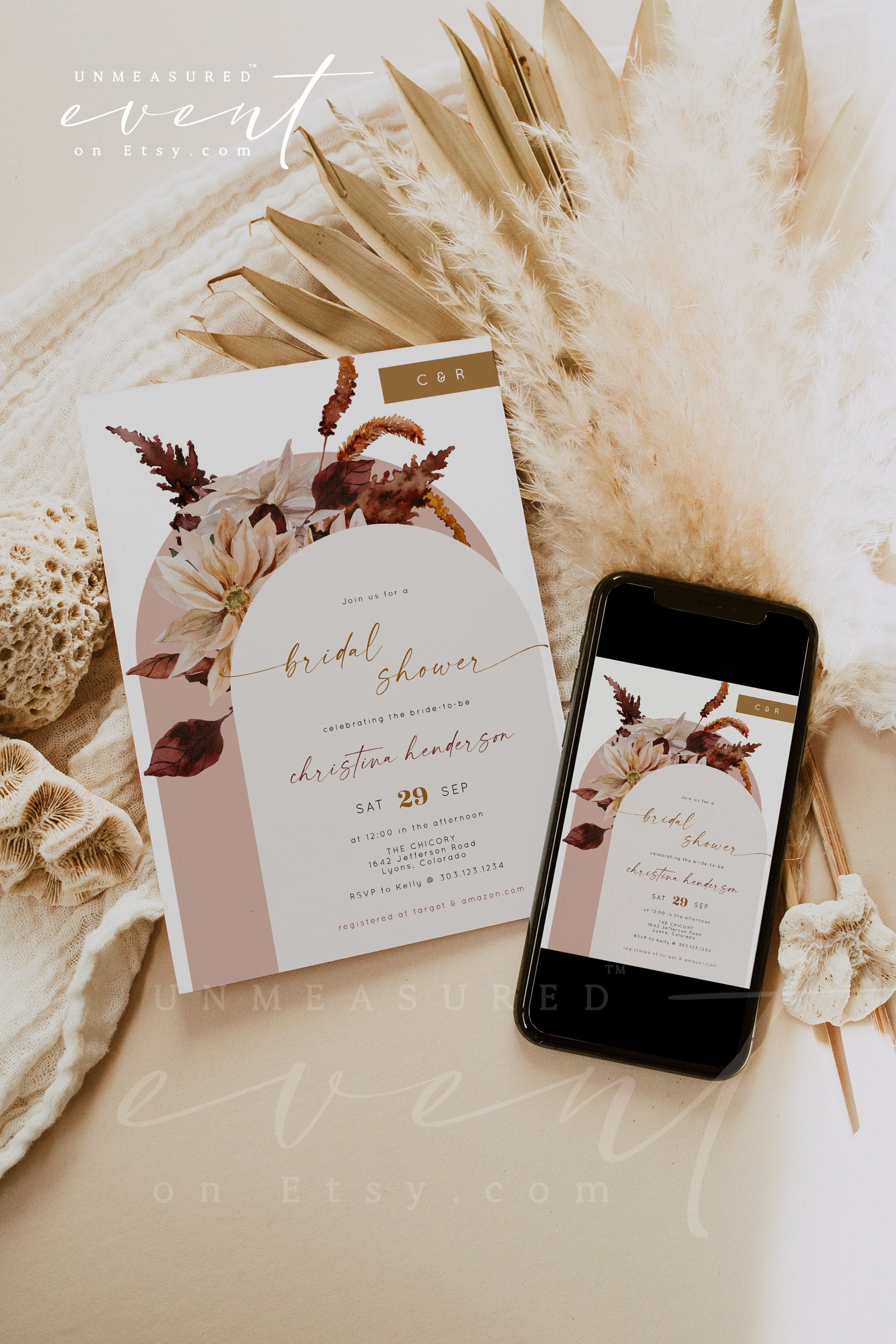 TALIA Boho Bridal Shower Invitation Template Arched Bridal Shower Invitation Bohemian Bridal Shower Invite Blush Bridal