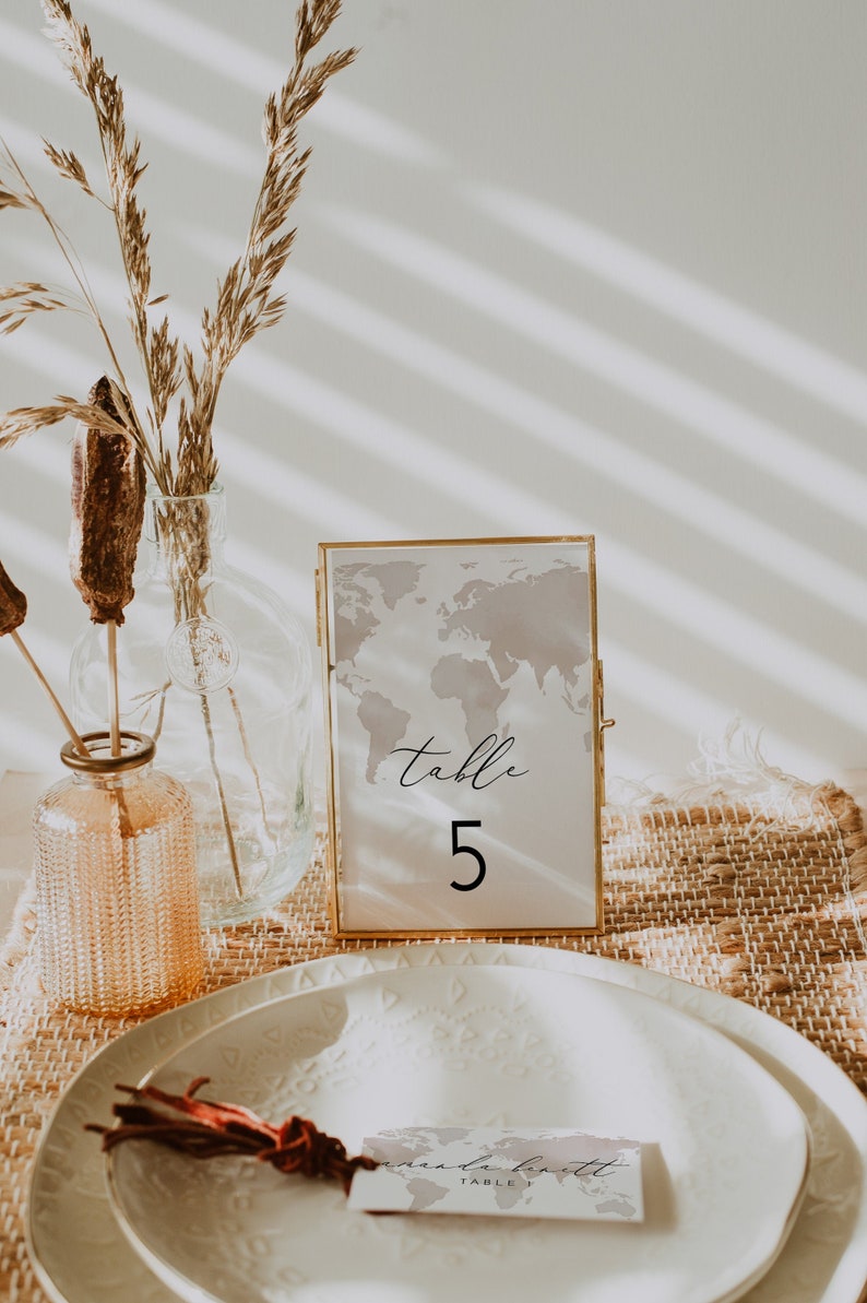 Watercolor Map Table Number Template, Destination Wedding Table Numbers, Travel Wedding Table Numbers, Printable Table Number Cards CARMEN image 1