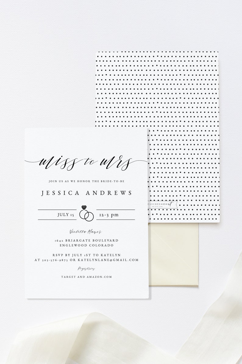 Miss to Mrs Bridal Shower Invitation Template, Simple Bridal Shower Invite, Black and White Bridal Shower Invite, Templett Invitation, 001D image 2