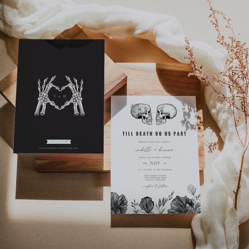 May include: Black and white wedding invitation with a skull and crossbones design. The text reads "Till Death Do Us Part" and includes the couple's names, wedding date, and location.