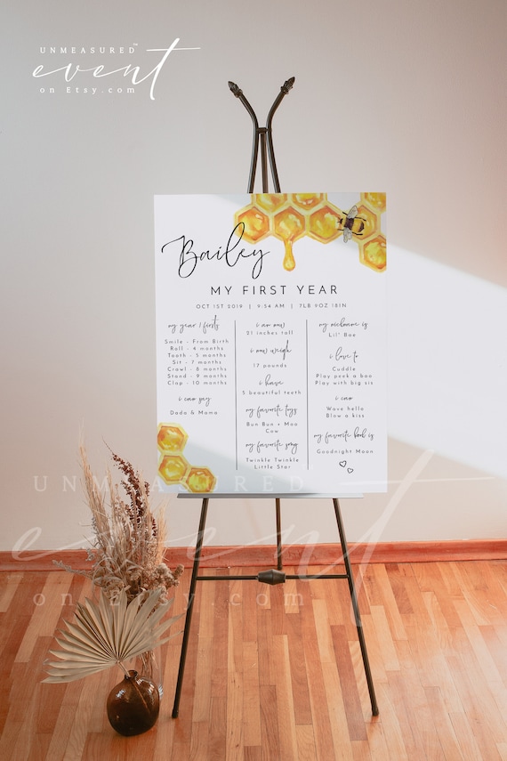 ROMY Baby Milestone Board Template, Bee Birthday Milestone Board Printable, Honey Birthday Sign Instant Download, Bumble Bee My First Year
