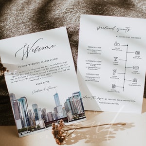 Plantilla de cronograma de boda de CHICAGO, carta de bienvenida de boda con el horizonte de Chicago en acuarela, carta de bolsa de bienvenida, cronograma de boda de Illinois instantáneo