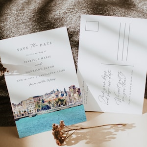 Modèle de Carte postale "Retenez cette date" pour mariage avec horizon aquarelle de CARTAGENA, Espagne