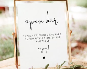 ADELLA PRINTED + SHIPPED Open Bar Sign, 8x10" Bar Sign, Modern Minimalist Wedding Signage, Table Signage for Rehearsal Dinner, Free Drinks