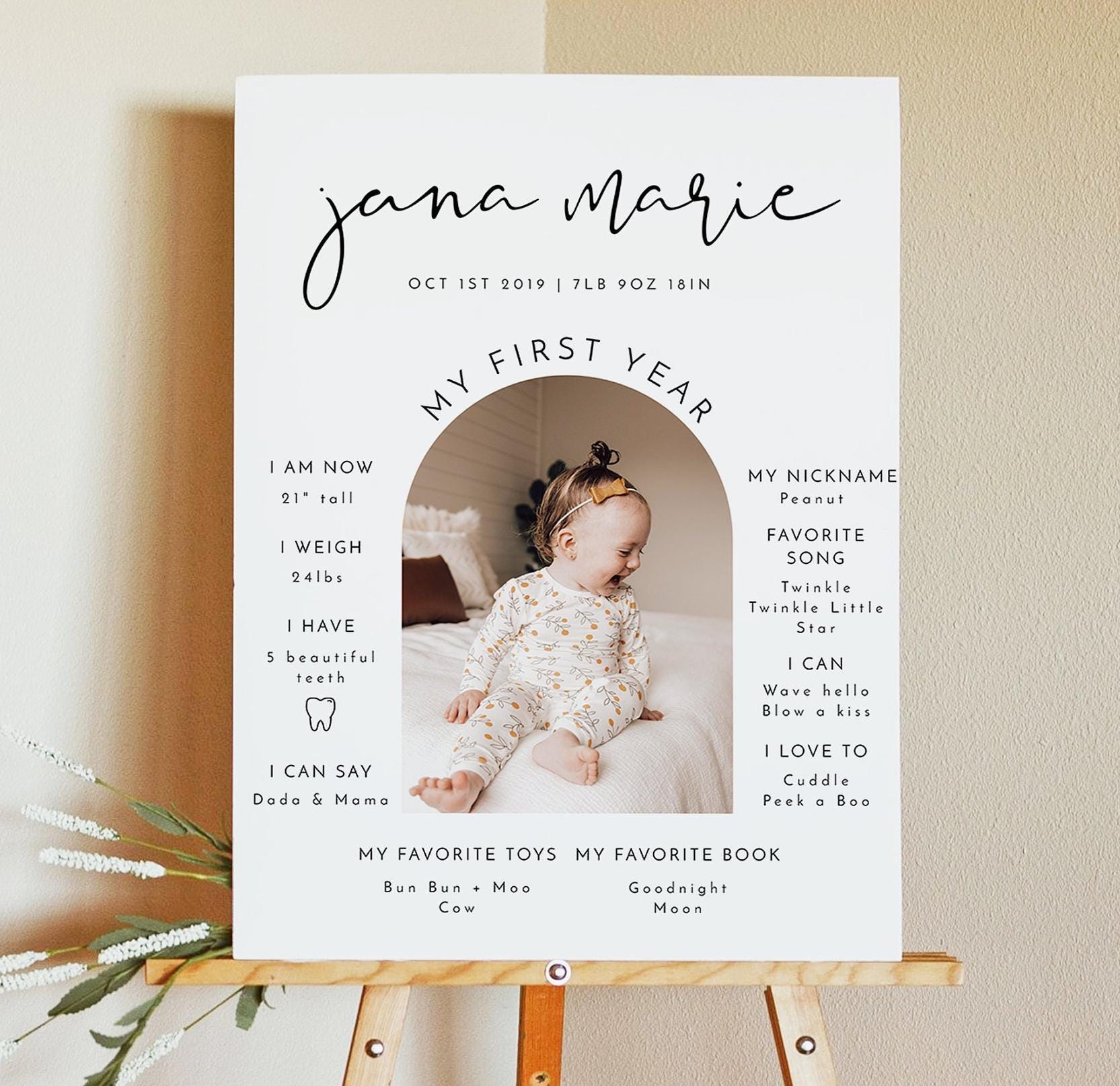 ADELLA Minimalist Photo First Birthday Milestone Board Template, Milestone Board, Baby Milestone Board, Modern Milestone Poster Arch Simple