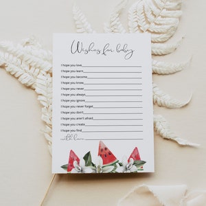 Plantilla de deseos de sandía MAYA para bebé, juegos de buenos deseos para baby shower, tarjeta de oración para bebé, juego de baby shower de Little Sweetie Fruit, niña bebé