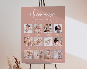 Bohemian First Birthday Photo Sign Template, Blush 1st Birthday Photo Poster, Modern Minimalist Baby's First Year Poster Printable MARLO