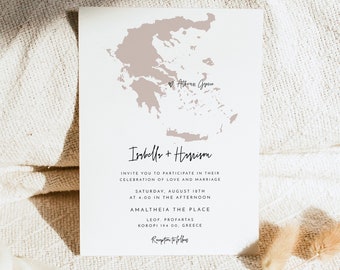 QUINN Greece Wedding Invitation Template, EDITABLE Greece Map Wedding Invite, Athens Destination Wedding Travel Themed Greek Photo Instant