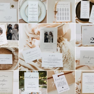 May include: A set of wedding stationery with a minimalist design. The stationery includes a save the date card, RSVP card, welcome sign, table number, thank you card, and a certificate of marriage. The stationery is printed on white cardstock with black calligraphy.