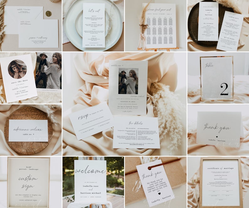 May include: A set of wedding stationery with a minimalist design. The stationery includes a save the date card, RSVP card, welcome sign, table number, thank you card, and a certificate of marriage. The stationery is printed on white cardstock with black calligraphy.