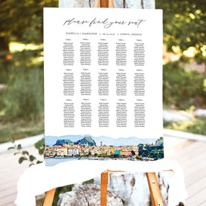 CORFU Seating Chart Template, Greece Destination Wedding Seating Chart Sign, Wedding Seating Chart, Table Seating Chart, Travel Skyline image 2