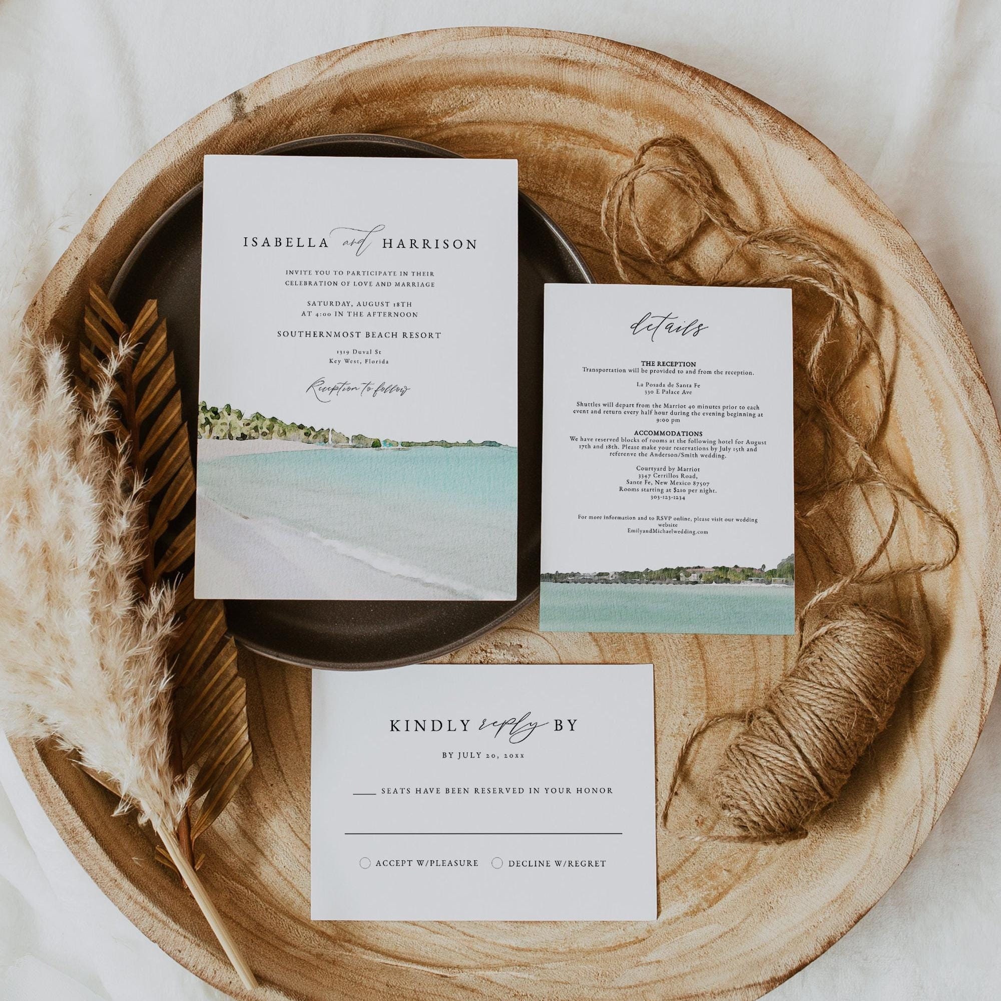 Key Invitation KEY WEST Wedding Invitation Template Suite, Watercolor Beach Coastline ...