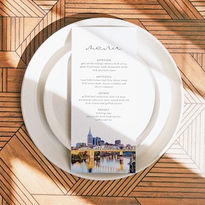Modèle de carte de menu Nashville, cartes de menu de mariage à destination, carte de menu du dîner imprimable, menu alimentaire de la ville de Nashville Skyline PAILSEY