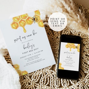 May include: A honeybee themed baby shower invitation with a watercolor illustration of a honeycomb dripping honey. The invitation reads "Sweet as can bee, Join us in celebrating Bailey's First Bee-Day! August 13th | 12-4:00 PM The Jefferson Residence 1578 Jefferson Road Breckenridge, Colorado RSVP to Katie by May 19th 303-123-1234 or k.james@gmail.com Print or send via text or email"