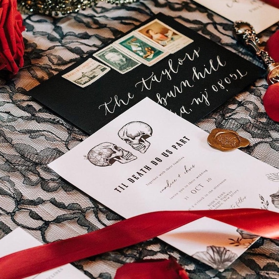 Til Death Wedding Invitation Template, Skeleton Wedding Invitation Printable, Skull Wedding Gothic Black Vintage Floral Evite DIY - NOVA