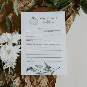Modèle de carte de conseils de baby shower TERA citrouille, carte de conseils et prédictions de bébé imprimable, neutre entre les sexes citrouille automne automne douche d'automne