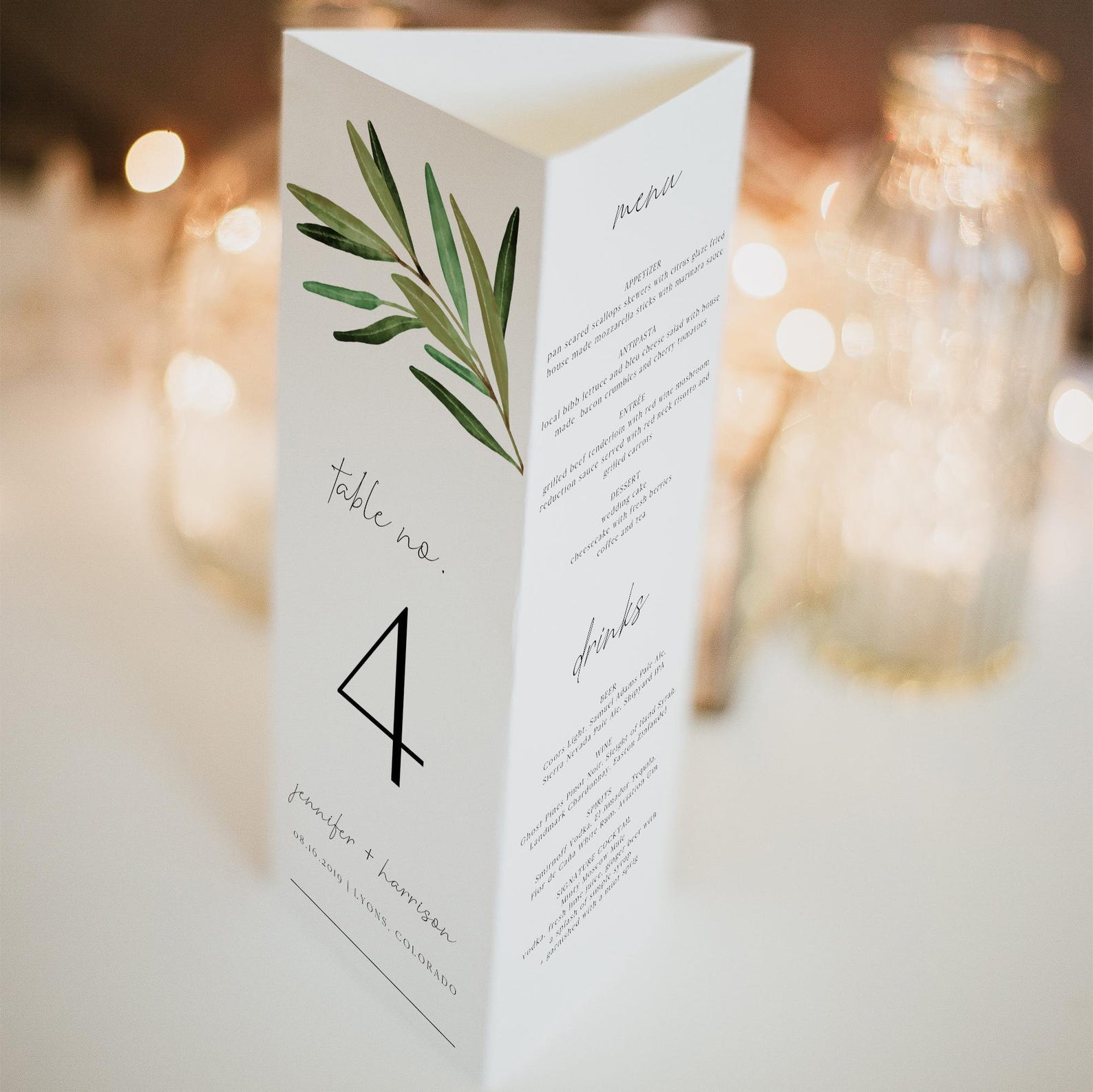 Greenery Wedding Triangle Table Number Template, Trifold Table Menu ...