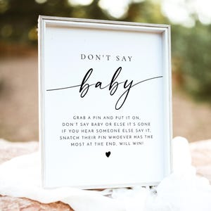 Modèle BLAIR Don't Say Baby, jeu de baby shower imprimable, jeux de baby shower minimalistes modernes, signalétique de baby shower non sexiste