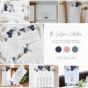 CADENCE Wedding Bundle, Blush and Navy Floral Wedding Invite, Wedding Invitation Template, Pink and Blue Garden Floral, Boho Elegant DIY