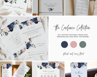 CADENCE Wedding Bundle, Blush and Navy Floral Wedding Invite, Wedding Invitation Template, Pink and Blue Garden Floral, Boho Elegant DIY