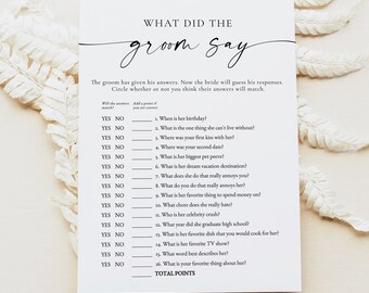 BLAIR PRINTED + SHIPPED What Did The Groom Say Bridal Shower Game, Bridal Shower Games, Modern Minimalist Bridal Shower, Boho Bridal Games