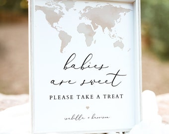 Babies are Sweet Sign Printable, Adventure Baby Shower Favor Sign, Please Take a Favor, Sweet Treat Sign World Map Travel Themed DIY CARMEN