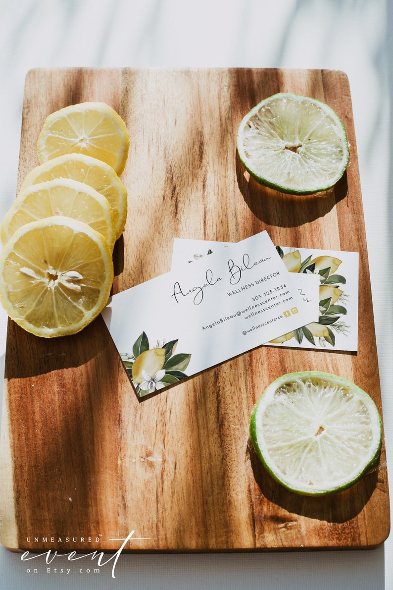 DAHLIA Lemon Business Card Template, Printable Lemon Business Card, Citrus Business Cards, Dietician Essential Oils Health Wellness Fruit image 1