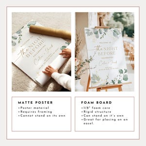 May include: Two wedding welcome signs with a leafy design and gold text. The sign on the left is a matte poster and the sign on the right is a foam board. The text on the signs reads "Welcome to The Night Before Celebrating Colin + Jacob".