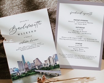 AUSTIN Bachelorette Invitation & Itinerary Template, Texas Bachelorette Weekend Invitation, Watercolor Austin Weekend Schedule Skyline DIY