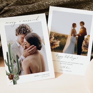ELEANOR Terracotta Cactus Photo Christmas Card Template Boho Desert Merry and Married Holiday Card Printable Boho Christmas Card