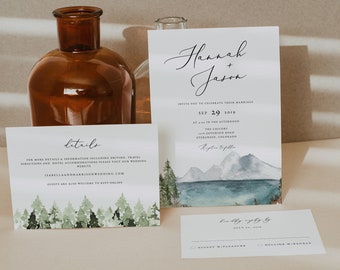 CLOVER Mountain Wedding Invitation Template Suite, Lake Wedding Invitation, Bohemian Wedding Invitation Set, Forest Wedding Invite Instant