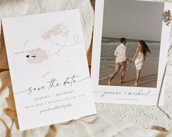 JOURNI Fiji Save the Date Template Fiji Save the Date Cartolina stampabile Blush Island Mappa Viaggio Avventura Destinazione Invito Fai da te
