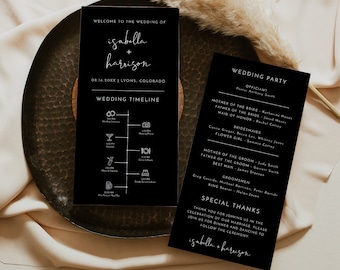 JOVI Wedding Icon Timeline & Program Template, Edgy Black Wedding Order of Service Card, Long Wedding Day Program Card, Modern Minimalist
