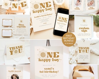 BODHI First Birthday Bundle, First Trip Around the Sun Birthday Invitation Set, One Happy Boy Birthday Bundle, Boho Sun First Birthday DIY