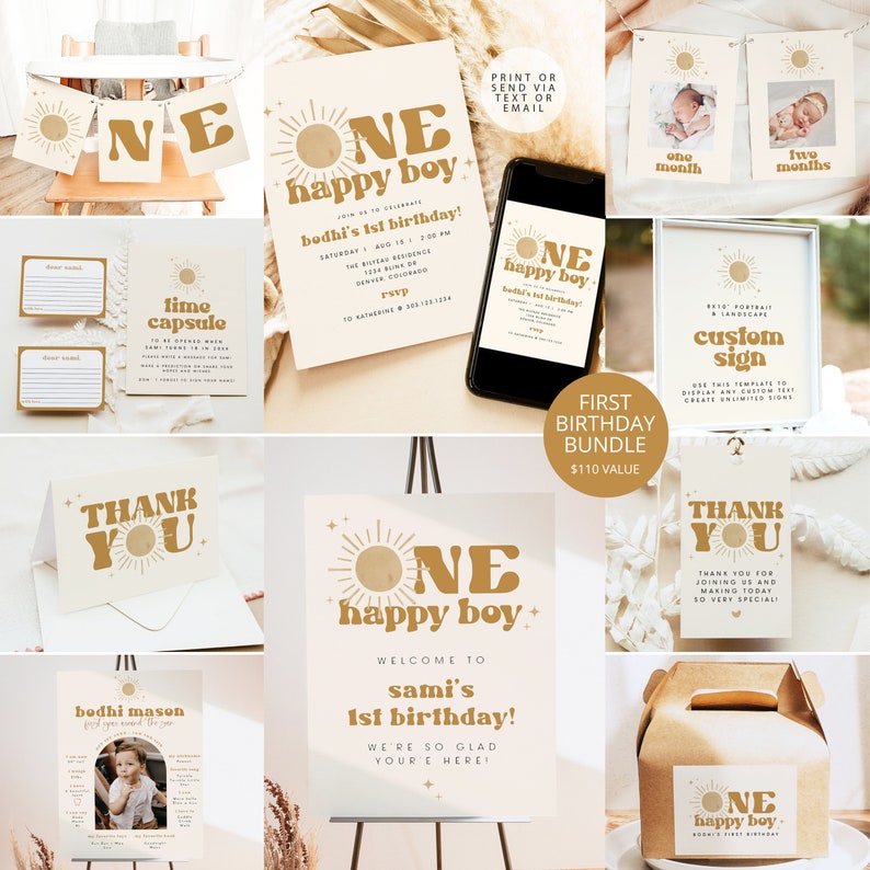 May include: A set of printable first birthday party decorations in a boho sun theme. The set includes a welcome sign, a thank you card, a banner, a time capsule, a custom sign, a birthday invitation, and a favor box. The colors are beige, brown, and gold.