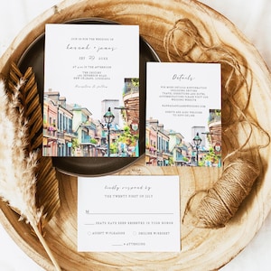 Watercolor New Orleans Wedding Invitation Template, Louisiana Wedding Invitation, French Quarter Wedding Destination Skyline Invite DIY NOLA