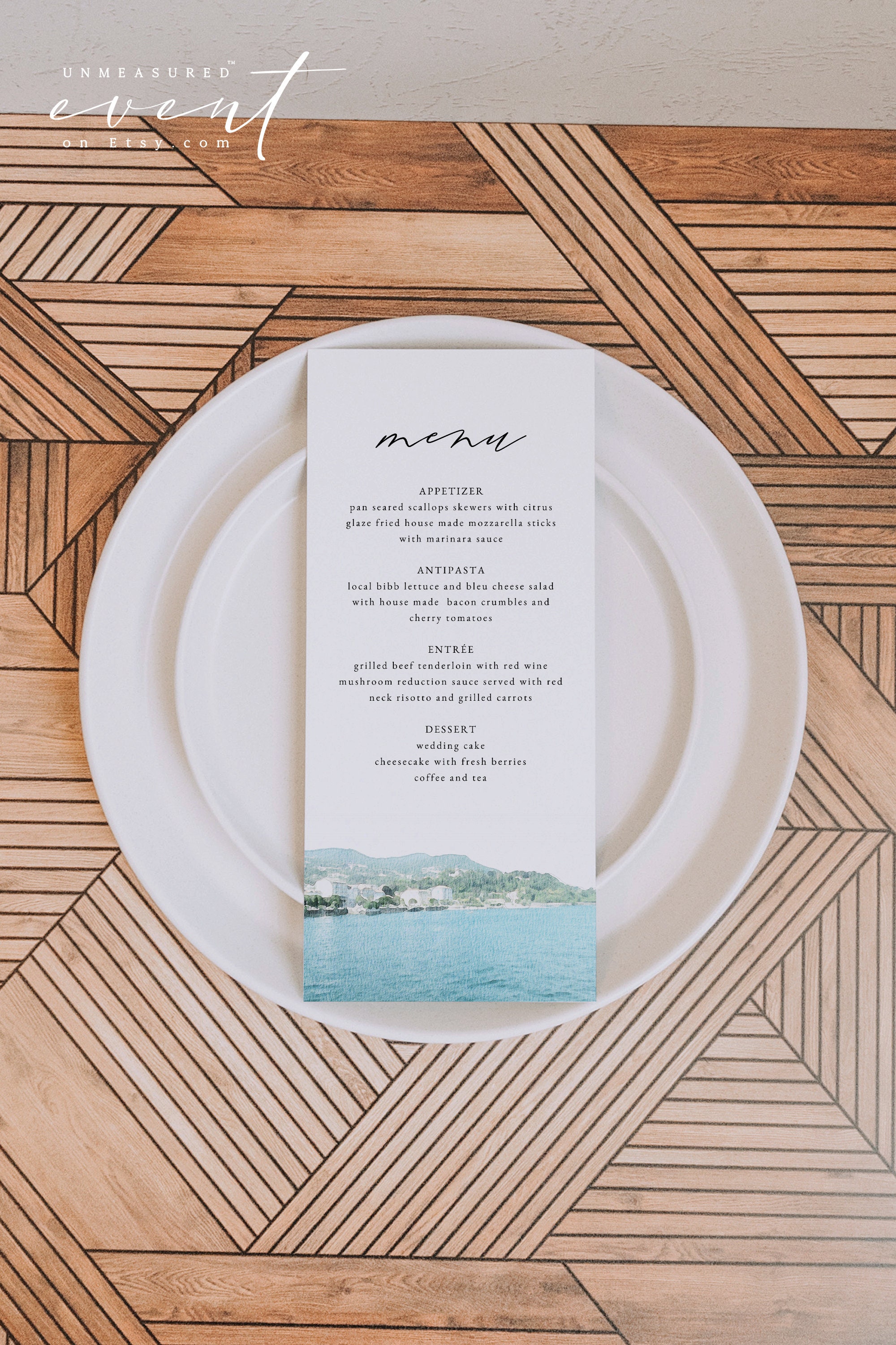 LAKE MAGGIORE Wedding Menu Template, Watercolor Lake Maggiore Lansdcape Wedding Menu Cards, Destination Wedding Long Menu Card Printable Diy