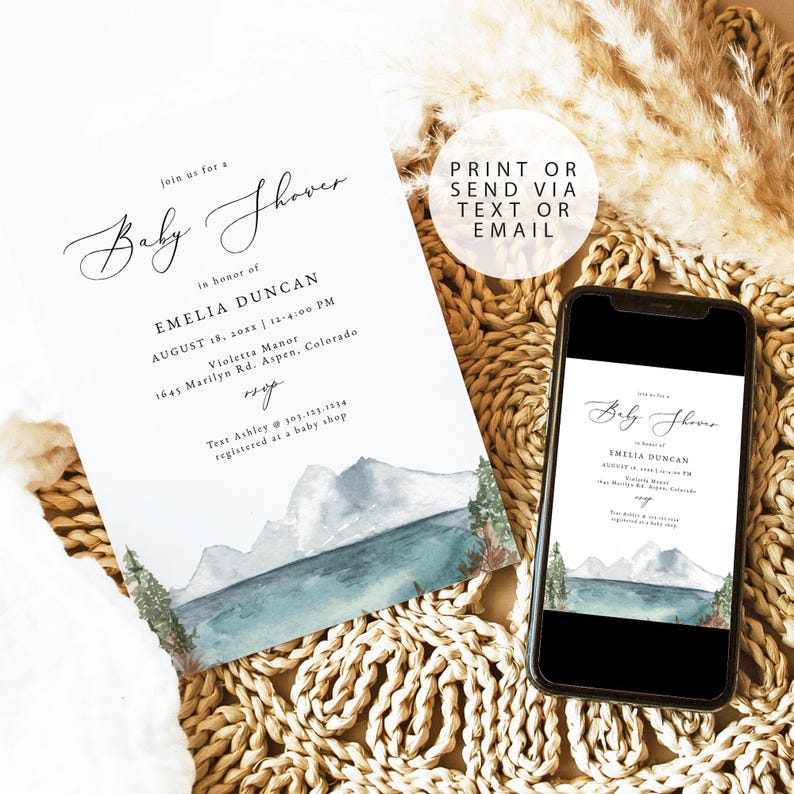 Mountain Baby Shower Invitation Template, Mountain Lake Baby Shower Invite, Boho Baby Shower Invite, Forest Baby Shower Invites DIY CLOVER image 3