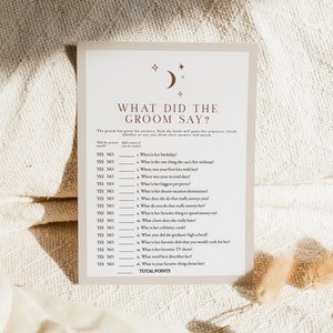 CELESTE What Did the Groom Say Bridal Shower Game Template, Arched Bridal Shower Games, Bohemian Bridal Shower, Boho Moon & Stars Terracotta