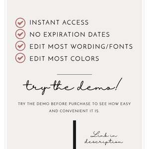 May include: A graphic with a pink circle containing the text "unmeasured events" and a list of features: Instant Access, No Expiration Dates, Edit Most Wording/Fonts, Edit Most Colors. The graphic also includes the text "try the demo!" and "Try the demo before purchase to see how easy and convenient it is." with an arrow pointing down to the text "Link in description".