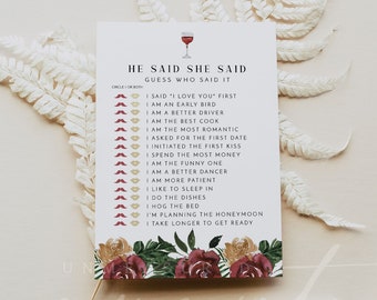 DEMI ブライダルシャワーゲーム「He Said She Said」、誓いの前のワインゲーム（印刷可能）、メルローフローラルワインをテーマにしたワインパーティーゲーム「Instant Gus Who」