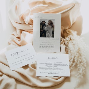 May include: A white wedding invitation with a photo of the couple in the top right corner. The invitation includes the couple's names, wedding date, and location. The text "rsvp by August 20, 20XX" is written in cursive on a separate white card. The invitation also includes a section titled "the details" with information about the reception and accommodations.