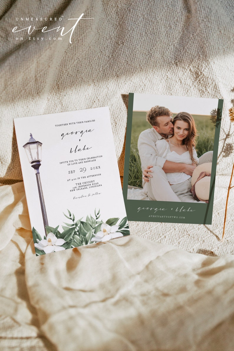 NOLA Magnolia Wedding Invitation Template Suite, New Orleans Wedding Invitation Set, Bourbon Street Wedding Invite Lamp Post Mardi Gras DIY image 2