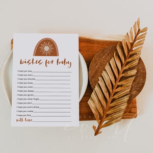 Plantilla de deseos para bebé de TINLEY, juegos para baby shower con arcoíris boho para imprimir, predicciones para bebés, tarjeta de deseos para bebés en color terracota, oraciones para bebés