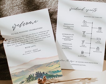 TUSCANY Wedding Welcome Letter Template, Tuscany Skyline Wedding Timeline Printable, Destination Wedding Schedule Order of Events Italy DIY